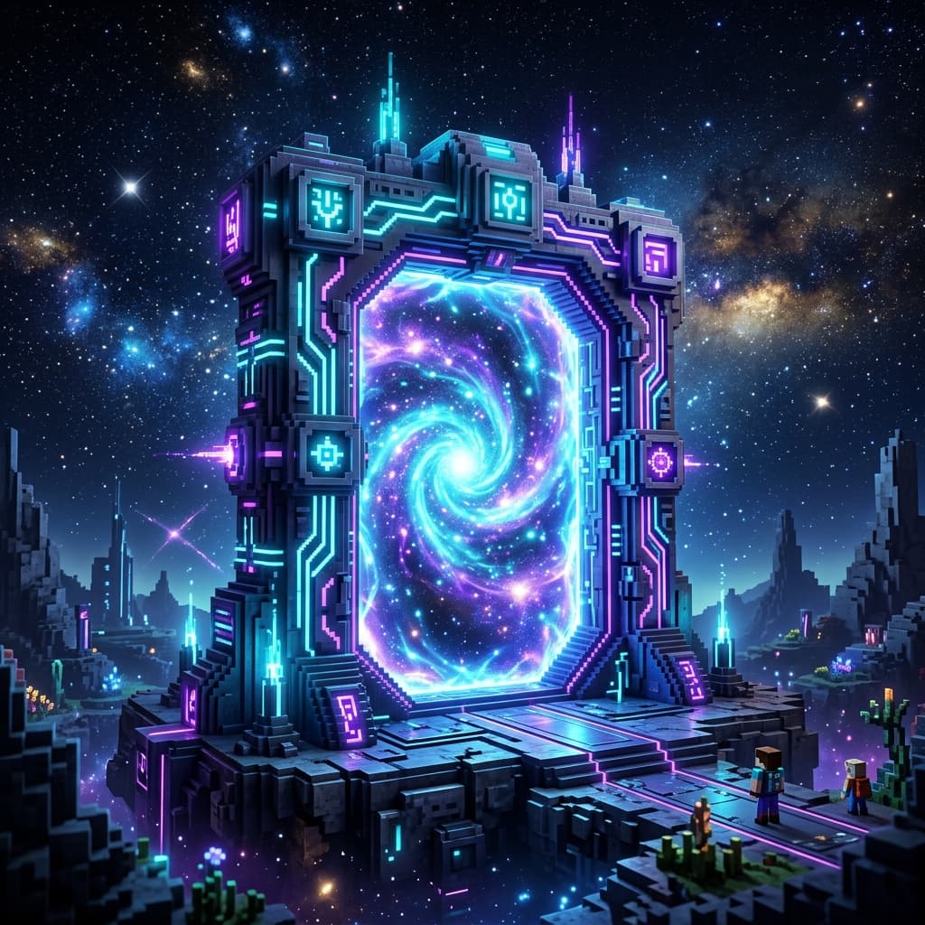 Futuristic block portal representing a NovaCraft Minecraft server